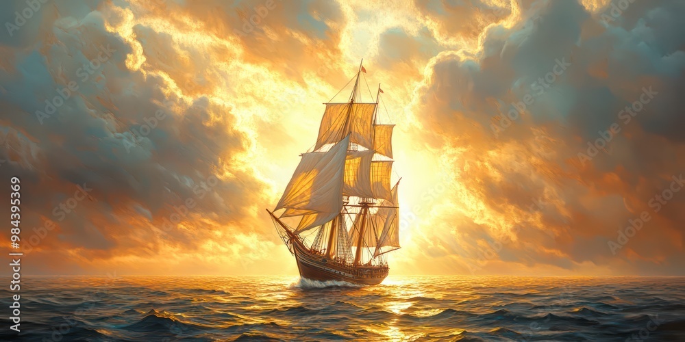 Fototapeta premium A majestic three-masted sailing ship sailing in the open ocean towards the sun. Impressionism, oil painting
