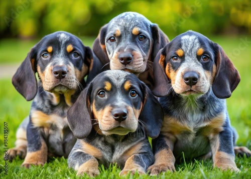 Bluetick puppies sprawl together on a lush, green lawn, their floppy ears and large, expressive eyes conveying a sense of snuggled-up security.