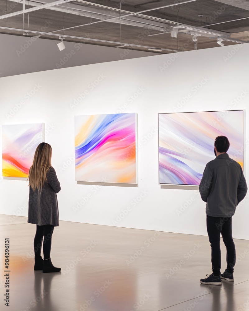 Fototapeta premium Couple Viewing Abstract Paintings at Contemporary Art Gallery Exhibit
