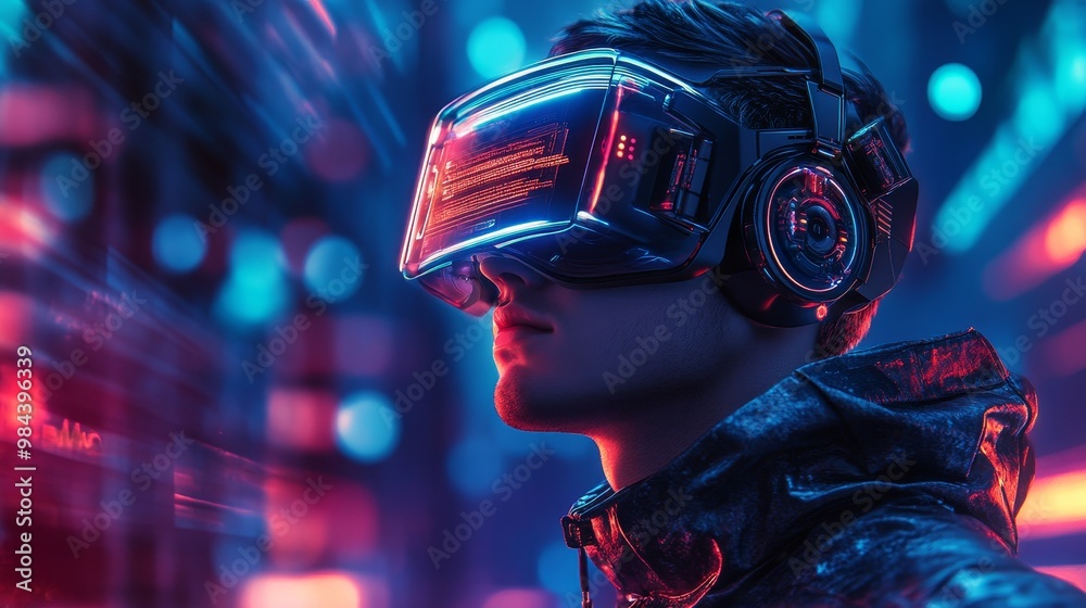 Futuristic Cyberpunk Man with Neon Glasses and High-Tech Gadgets in Urban Setting Futuristic Cyberpunk Man with Neon Glasses and High-Tech Gadgets in Urban Setting