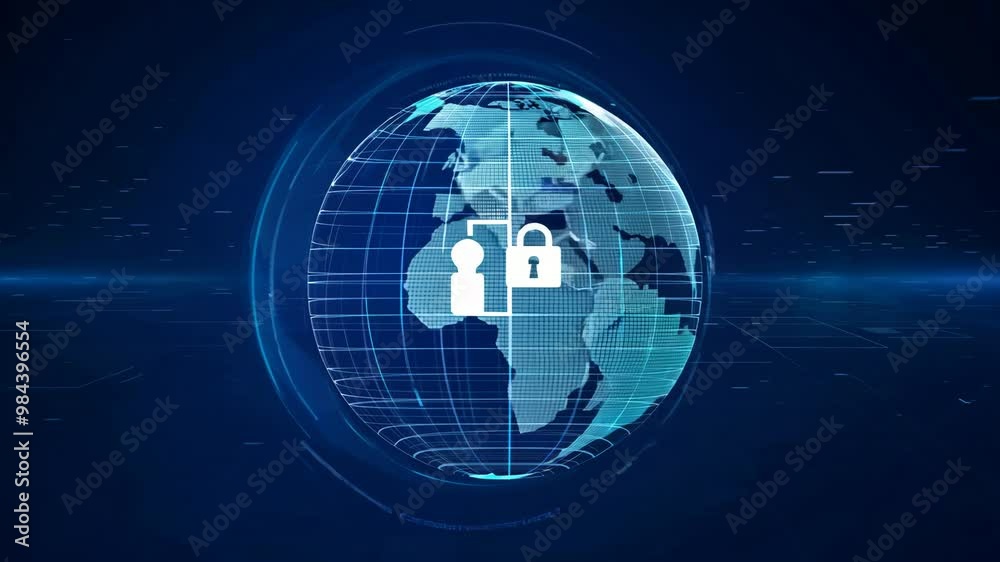 A holographic wireframe spinning globe with a digital grid and key in blue color

.