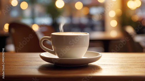 Wallpaper Mural Hot Coffee Cup with Steam on Table in Cozy Cafe with Blurred Lights in Warm Atmosphere Torontodigital.ca