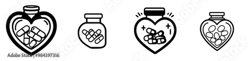 Heart medications falling from a cardiac medication bottle, representing love pills and good heart health with line art