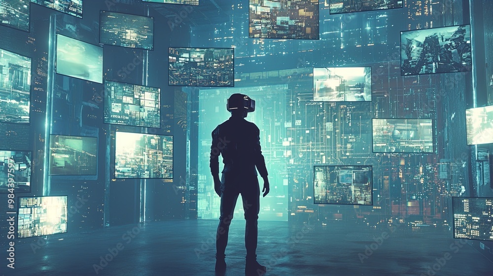 A silhouetted figure stands in the center of a futuristic room, wearing a virtual reality headset. Surrounding them are multiple holographic screens displaying various digital landscapes and cityscape A silhouetted figure stands in the center of a futuristic room, wearing a virtual reality headset. Surrounding them are multiple holographic screens displaying various digital landscapes and cityscape