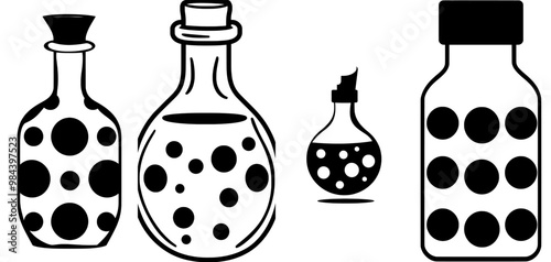 An icon of a magic potion boiling inside a glass bottle with a cork stopper in black and white