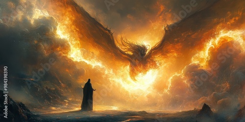 Jesus battles fallen angels in fiery epic biblical fantasy art photo