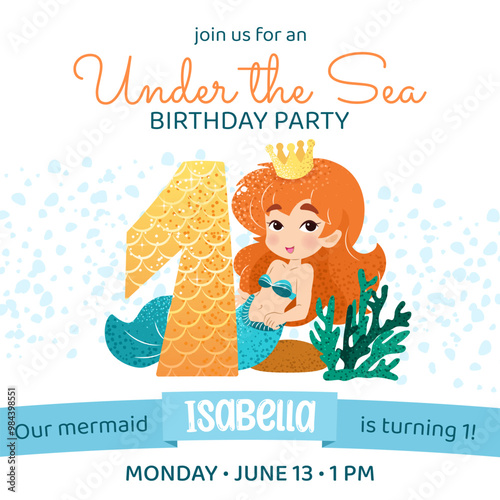 Mermaid birthday party invitation card. Square template with a mermaid princess and number 1 for a kids' party. Happy birthday and underwater concept. Celebrating a first anniversary.