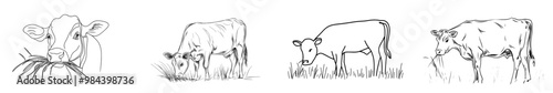 Modern illustration of a cow grazing on a white background in a continuous line art drawing style.