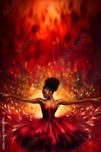 painting of african american ballet dancer isolated on red & orange hot background; copy space