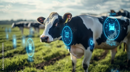 Detailed close-up of IoT technology in dairy farming, monitoring cows health, photo