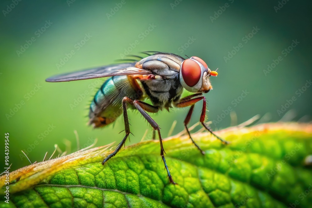 Delicate green leaf provides a tranquil setting for a tiny fly to perch, surrounded by tranquil nature in stunning macro close-up. Delicate green leaf provides a tranquil setting for a tiny fly to perch, surrounded by tranquil nature in stunning macro close-up.
