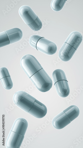 Artistic representation of blue and clear capsules floating in a serene environment, conveying calm and precision in pharmaceuticals.