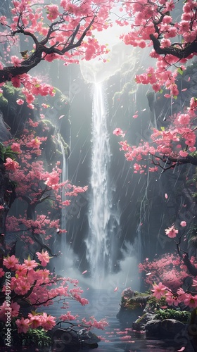 Serene Waterfall Surrounded Blossoming Cherry Trees Mystical Nature Beauty. AI Generated