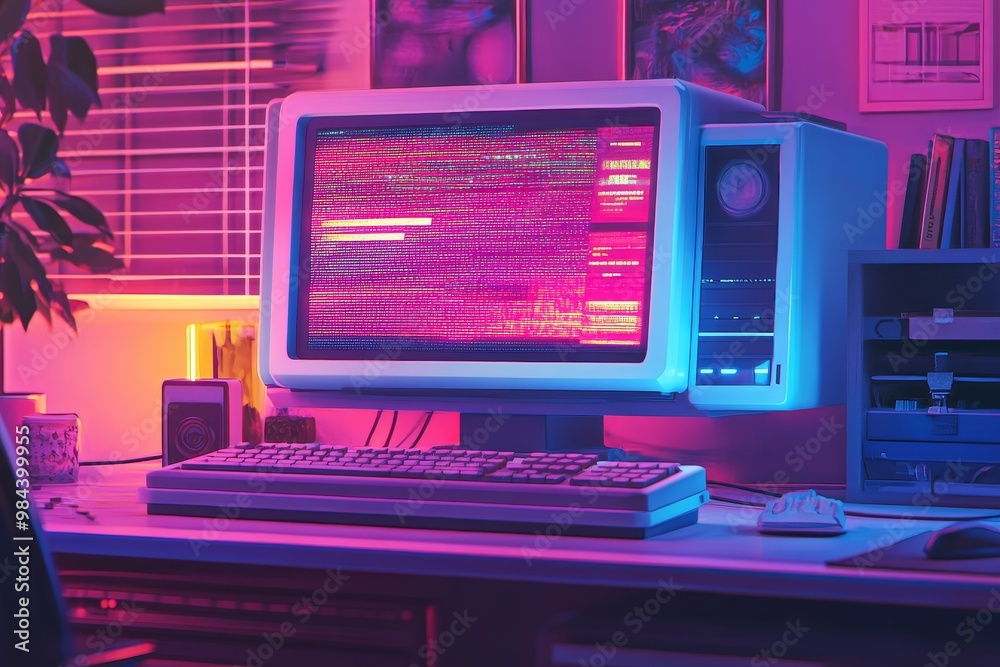 Neon Nostalgia - Retro Vaporwave Desktop with Vibrant UI Elements and Comic Graphics Neon Nostalgia - Retro Vaporwave Desktop with Vibrant UI Elements and Comic Graphics