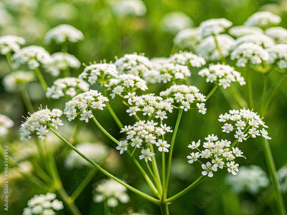 Delicate white flowers of cow parsley plants bloom in a sun-drenched meadow, their intricate details showcased against a soft green backdrop of lush grass. Delicate white flowers of cow parsley plants bloom in a sun-drenched meadow, their intricate details showcased against a soft green backdrop of lush grass.