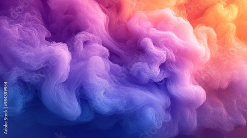 A vibrant swirl of colorful smoke showcasing a beautiful gradient of purple, pink, and orange hues in an artistic abstract background.