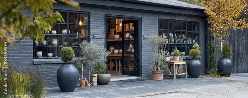 A boutique dark slate grey exterior pottery studio, offering workshops and unique ceramic pieces, located in a bustling arts quarter photo