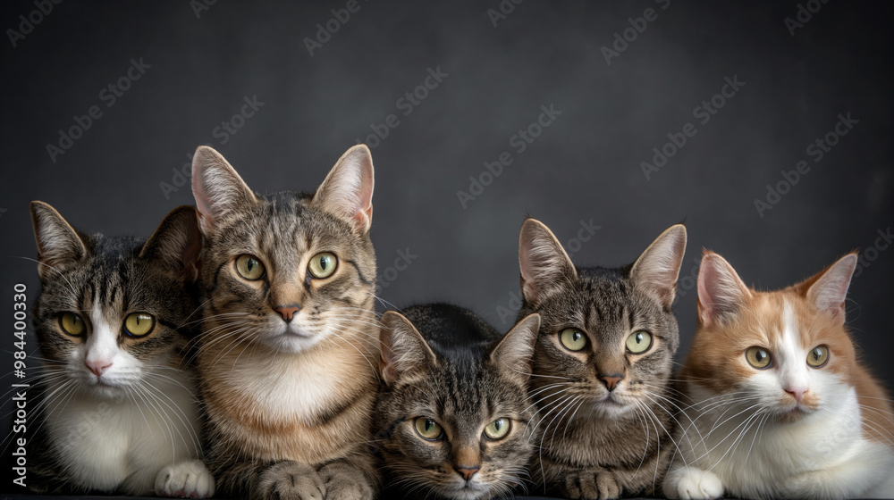 A group of cats sit in a row on a dark grey background. A group of cats sit in a row on a dark grey background.