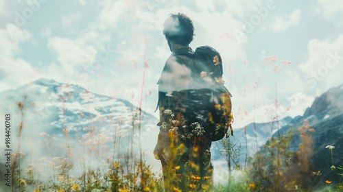 Blurred double exposure combines a male traveleer standing on the trail to the mountain peak. Unity of people with nature. photo