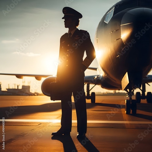 The silhouette of a pilot in uniform standing by an airplane, with the focus on the uniform details and airplane wing