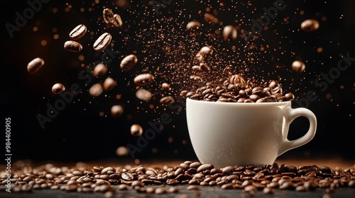 Whimsical Coffee Beans Escape: Rich Aroma and Flavor of Espresso in Flight Against Dark Background