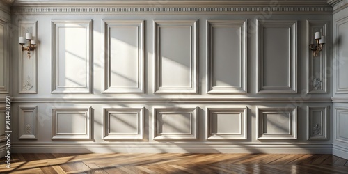 Elegant white wainscoting panels adorn a wall, accompanied by ornate moldings and subtle shadow lines that add depth and sophistication to the space.