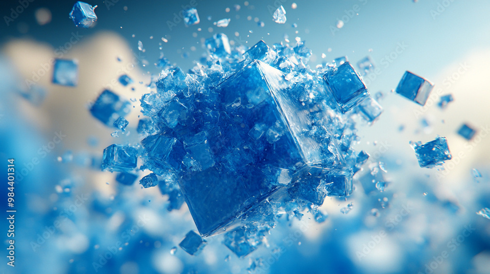 An abstract explosion of blue crystal cubes and shards, creating a dynamic and vibrant visual effect in a serene background. An abstract explosion of blue crystal cubes and shards, creating a dynamic and vibrant visual effect in a serene background.