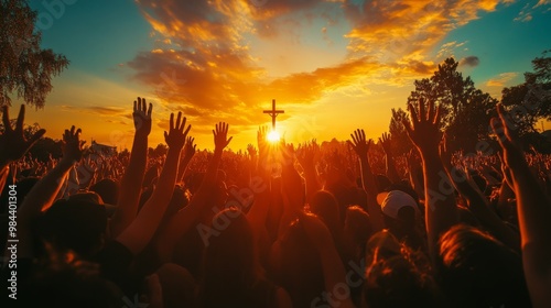 Silhouettes of a crowd raising their hands in worship at sunset, a cross silhouetted against the sun. .