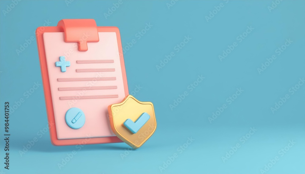 Colorful medical clipboard with a shield, symbolizing health care, protection, and safety in a vibrant, minimalistic style.