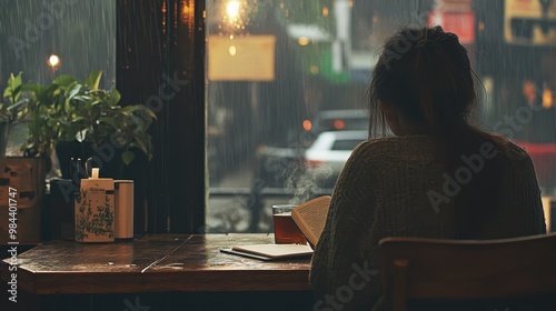 Rainy Night Contemplation: A Cozy Cafe Scene