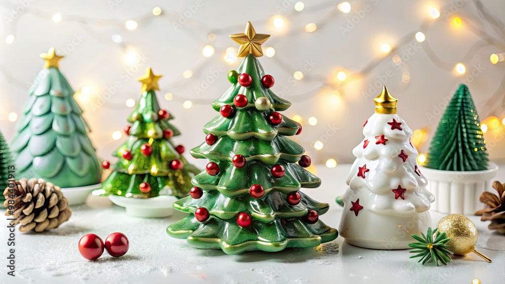 Festive ceramic Christmas tree ornaments and winter-themed decorations sparkle on a crisp white surface. Festive ceramic Christmas tree ornaments and winter-themed decorations sparkle on a crisp white surface.