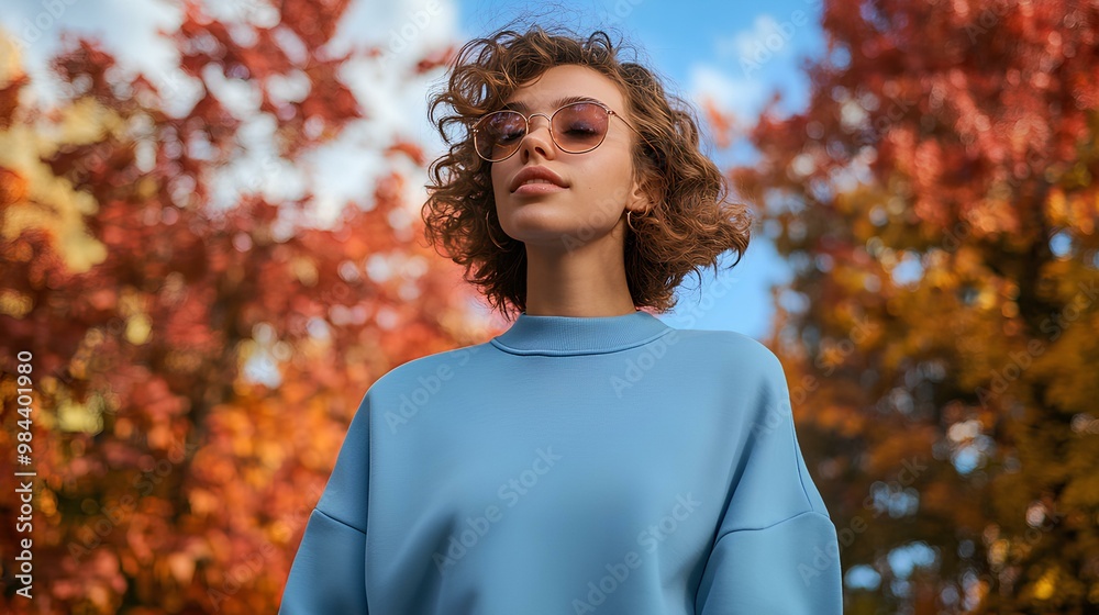 A young woman wearing a crewneck blue sweatshirt with fall colors A young woman wearing a crewneck blue sweatshirt with fall colors