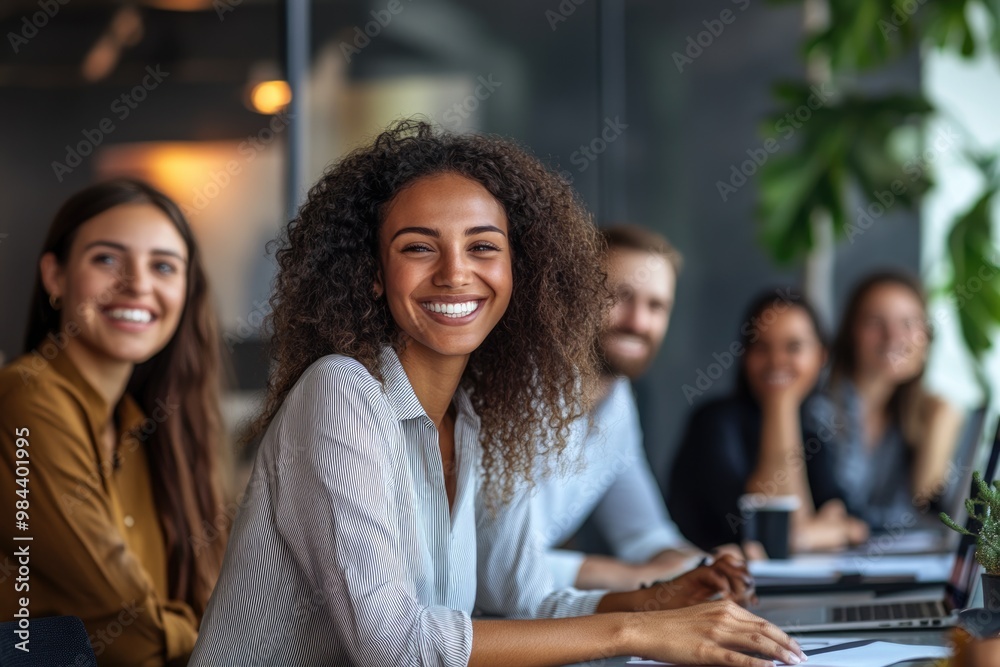 Successful multicultural team in creative office meeting smiling happily. Successful multicultural team in creative office meeting smiling happily.
