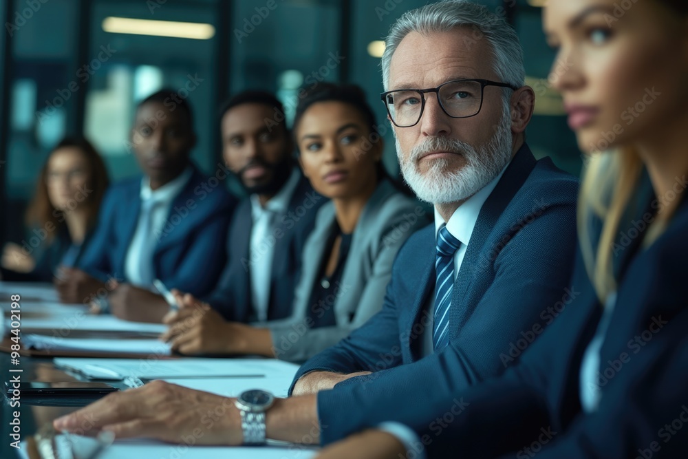 Caucasian CEO leads diverse team in boardroom meeting. Caucasian CEO leads diverse team in boardroom meeting.