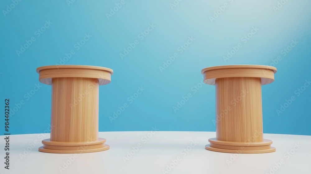 Two Wooden Debate Podiums Against Blue Background A pair of simple wooden podiums set against a bright blue backdrop, representing a political debate, public speaking event, or formal discussion Two Wooden Debate Podiums Against Blue Background A pair of simple wooden podiums set against a bright blue backdrop, representing a political debate, public speaking event, or formal discussion
