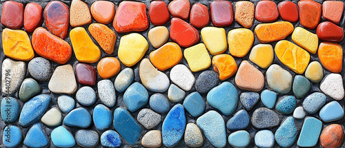 Colorful pebbles arranged in a vibrant mosaic pattern, ideal for backgrounds, textures, or decorative elements.