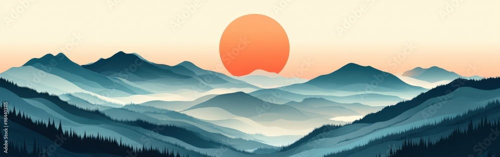 Serene minimalist mountain landscape with bold outlines and large sun Serene minimalist mountain landscape with bold outlines and large sun