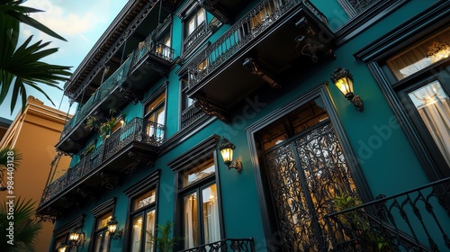 A boutique hotel with a dark teal exterior, nestled in a bustling historic district, its facade adorned with intricate wrought iron balconies