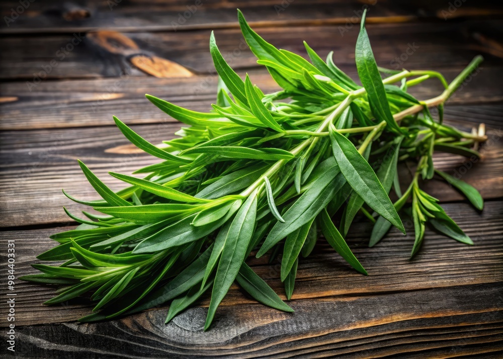 Fresh tarragon sprigs and leaves arranged ornately on a dark wooden surface, their emerald green hue evoking a sense of lush vitality. Fresh tarragon sprigs and leaves arranged ornately on a dark wooden surface, their emerald green hue evoking a sense of lush vitality.