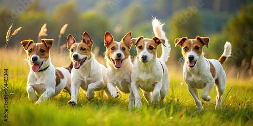 Frolicking Jack Russell Terriers romp through the lush green meadow, their energetic antics a delight to behold as they chase and play. photo