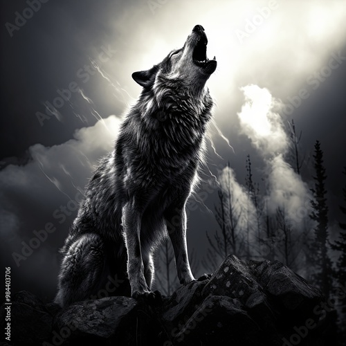 A wolf howling at the moon. photo