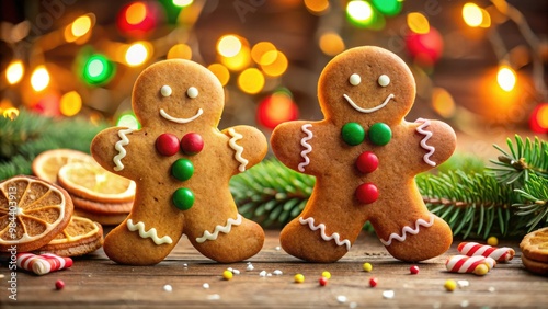 Gingerbread men in varying sizes, generously decorated with candy canes, gumdrops, and licorice, are arranged against a bright red and green striped background.