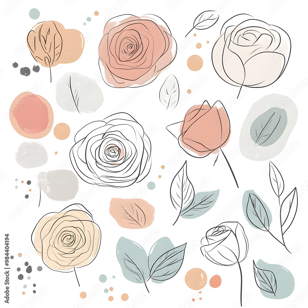 2D illustrator doodle-style floral and leaf graphics on a white background or wallpaper 2D illustrator doodle-style floral and leaf graphics on a white background or wallpaper