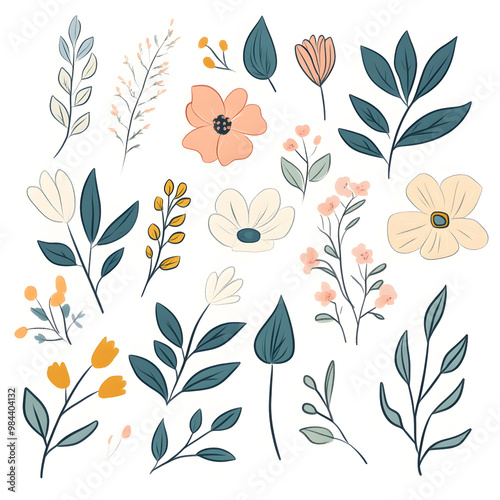 2D illustrator doodle-style floral and leaf graphics on a white background or wallpaper