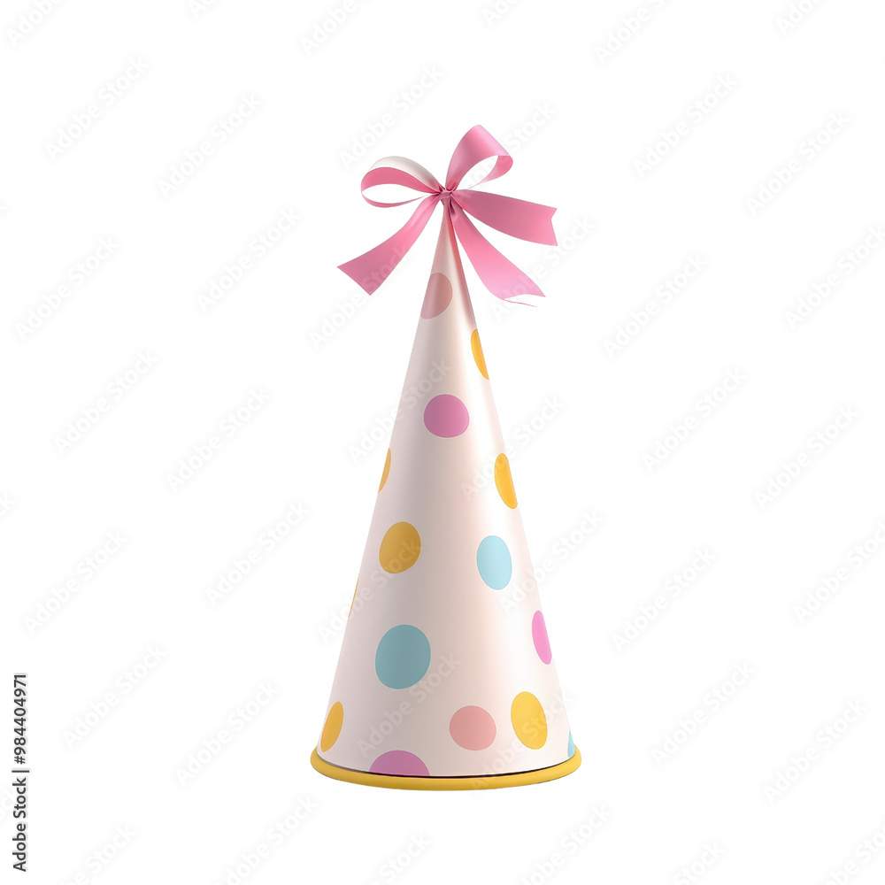 A festive party hat with colorful polka dots and a cute pink bow, perfect for celebrations and cheerful gatherings., isolated on a transparent background. A festive party hat with colorful polka dots and a cute pink bow, perfect for celebrations and cheerful gatherings., isolated on a transparent background.