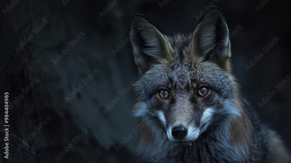 Fototapeta premium A close-up of a fox, showcasing its striking eyes and detailed fur in a dark, atmospheric background that highlights its beauty.