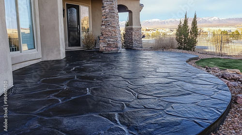 Stamped concrete patio resembling flagstone leading to house entrance