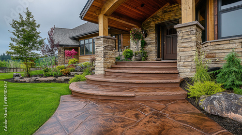 Stamped concrete patio resembling flagstone leading to house entrance