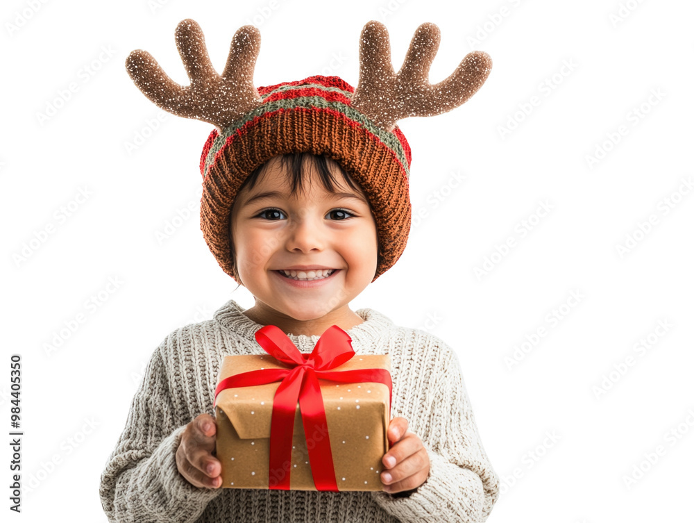 Child with reindeer antlers holding a Christmas gift with red ribbon, smiling, isolated on white. PNG transparent. Child with reindeer antlers holding a Christmas gift with red ribbon, smiling, isolated on white. PNG transparent.