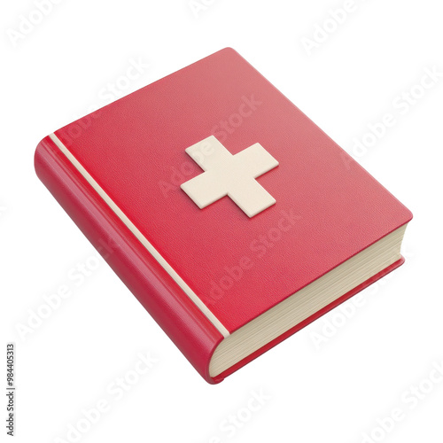 A red medical book featuring a white cross symbol, ideal for healthcare, first aid, and medical education designs. photo